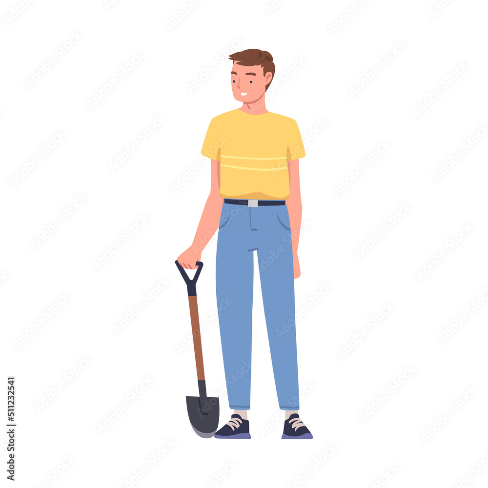 Sticker Man Character Standing with Shovel or Spade Engaged in Soil Digging for Planting Tree Sapling Vector Illustration