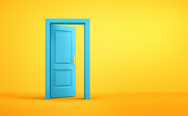 Blue open door in yellow background room. New life, opportunities, business concept