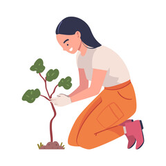 Woman Character Planting Tree Sapling in Soil Taking Care of Planet and Nature Vector Illustration