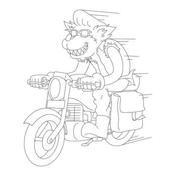 Coloring illustration of cartoon wolf riding motorcycle