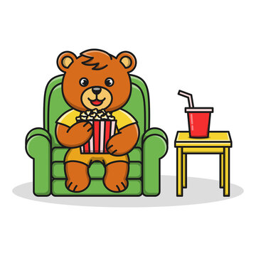 Cartoon illustration of a bear eating popcorn