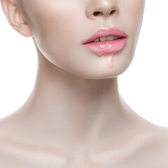 Obraz na płótnie Canvas beautiful model girl with pink liquid lipstick glitter dripping from lips
