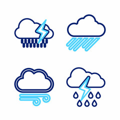 Set line Cloud with rain and lightning, Windy weather, and icon. Vector