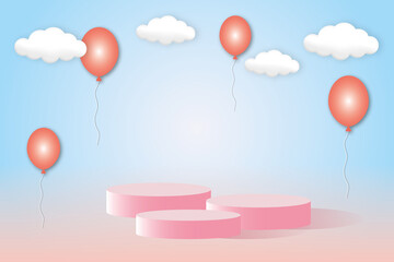 Pink round product display podium with clouds and balloon on colorful pastel background. empty space for kids or baby products presentation. shadow overlay. illustration of 3D paper cut design style.