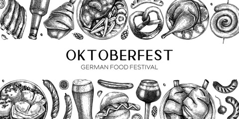 German food background. Oktoberfest menu design. Vector meat dishes sketches. German cuisine banner in vintage style. Traditional Food festival illustration. Black and white template - obrazy, fototapety, plakaty