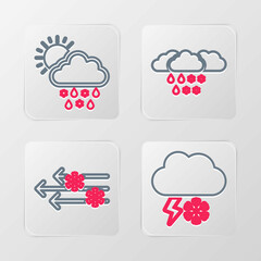 Set line Cloud with snow and lightning, Wind, rain and snow, rain, sun icon. Vector