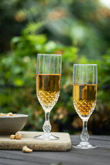 coupes d'alcool apéritif sur la terrasse avec noix de cajou