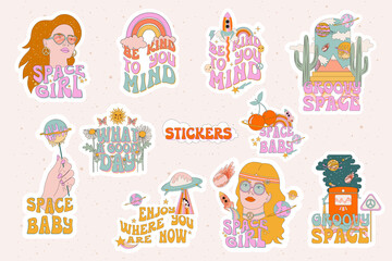 Collection of retro stickers. Hippie girls, 70s elements, space and pop art. Ready made label. Editable vector illustration