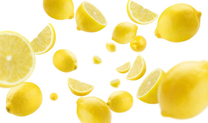Flying lemon fruits, isolated on white background
