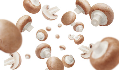 Flying champignon mushrooms, isolated on white background
