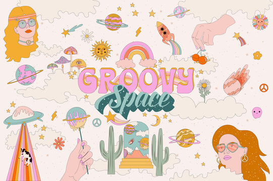Groovy Space poster with retro space elements, hippie girls, 1970s, pop arts. Editable Vector Illustration