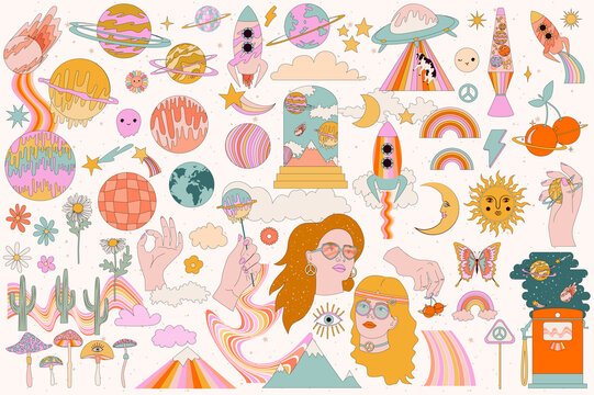 Collection of retro space elements with hippie girl, pop art, 70s elements, psychedelic illustration. Editable Vector Illustration