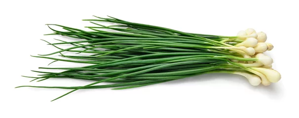 Photo sur Plexiglas Légumes frais un tas d& 39 oignons verts en détail, l& 39 objet est isolé sur fond blanc, le concept de légumes frais et d& 39 aliments sains