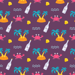 An island with palm trees and crab on dark background, vector seamless pattern