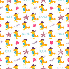 Parrot sailor in bandana with starfish and shell on white background, vector seamless pattern