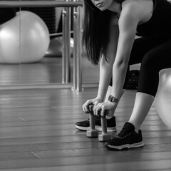 Young attractive athletic woman in sportswear sitting on fitball and working out with dumbbells, black and white image