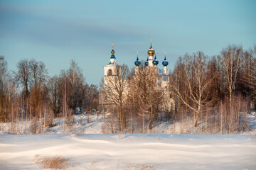 Church of the Transfiguration of the Lord on a winter day in the village of Povodnevo, Myshkinsky district, Yaroslavl region, Russia