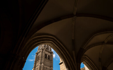 View of tower of cathedral of Toledo, Spain, from the cloister