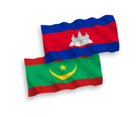 Flags of Kingdom of Cambodia and Islamic Republic of Mauritania on a white background