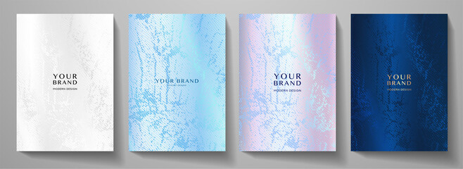 Premium elegant cover design set. Luxury fashionable background with abstract digital marble pattern in silver, blue color. Elite vector template for menu, brochure, flyer layout, presentation