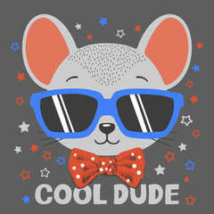 Cool Dude slogan text with mouse boy face on dark background for t-shirt graphics, fashion prints and other uses