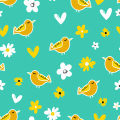 Seamless pattern with funny colorful birds. Color flat vector illustration with little cartoon bird. Cute characters. Template design for invitation, poster, card, flyer, textile, fabric for kids