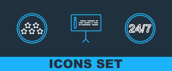 Set line Clock 24 hours, Five stars rating review and Information icon. Vector