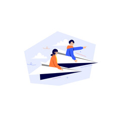 man and woman on a paper plane to the future