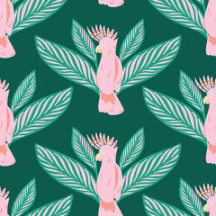 Cockatoo seamless pattern repeat in pink over green background with tropical leaves. Vector illustration. Great for kids and summer home decor. Surface pattern design.