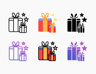 Gift Box With Ribbon icon set with different styles. Style line, outline, flat, glyph, color, gradient. Editable stroke and pixel perfect.