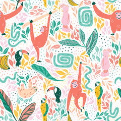 Joyful jungle vector pattern repeat. Tropical birds, orangutan and sloth monkeys with snakes and lots of greenery. Great for kids and fun home decor. Colorful surface pattern design.
