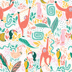 Joyful jungle vector pattern repeat. Tropical birds, orangutan and sloth monkeys with snakes and lots of greenery. Great for kids and fun home decor. Colorful surface pattern design. © Claudia