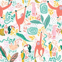 Gardinen Kinderzimmer Muster  Joyful jungle vector pattern repeat. Tropical birds, orangutan and sloth monkeys with snakes and lots of greenery. Great for kids and fun home decor. Colorful surface pattern design.  © Claudia