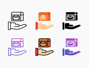 Present Treasure Box icon set with different styles. Style line, outline, flat, glyph, color, gradient. Editable stroke and pixel perfect. Used digital product, presentation, print design and more.