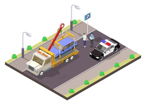 Illegal parking isometric scene vector illustration