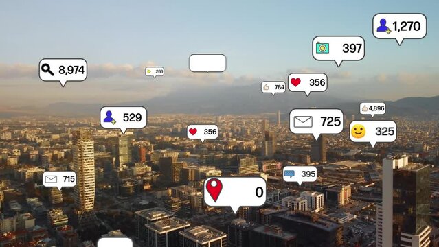 Notice balloons of social networking service pop-up above modern city. Social media. High quality 4k footage