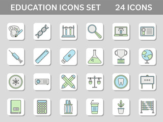 Green And Blue Education Icons In Flat Style.