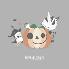 happy halloween holiday festival with mummy cat, mouse and pumpkin, flat vector illustration cartoon character design