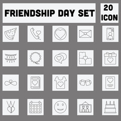 Black Thin Line Art Of Friendship Day Icon Set On Grey Square Background.