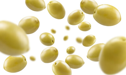 Flying green olives, isolated on white background