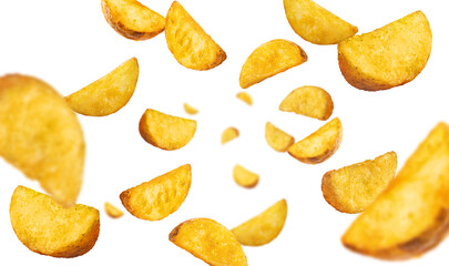 Flying fried potato wedges, isolated on white background