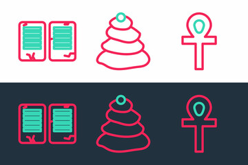 Set line Cross ankh, The commandments and Stack hot stones icon. Vector