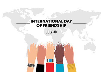 International friendship day background banner poster with five diversity hands up and world map.