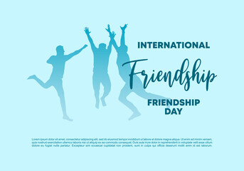 International friendship day background banner poster with three happy people isolated on blue background.