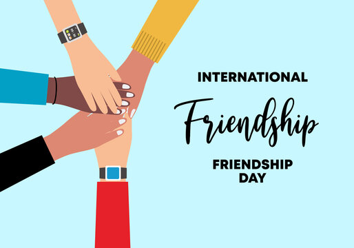 International friendship day background banner poster with five diversity hands isolated on blue background.