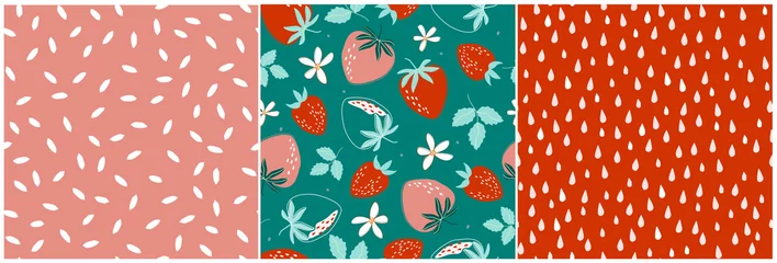 A set of seamless patterns with juicy strawberries. Fruity summer natural print. Healthy vegetarian food. Vector graphics. © Ирина Горбунова
