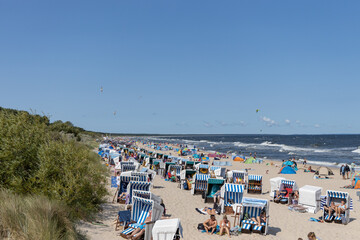 The view of the beach of Zempin on the island of Usedom with many beach chairs
