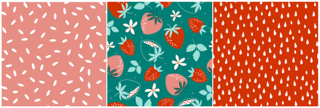 Fototapeta A set of seamless patterns with juicy strawberries. Fruity summer natural print. Healthy vegetarian food. Vector graphics.