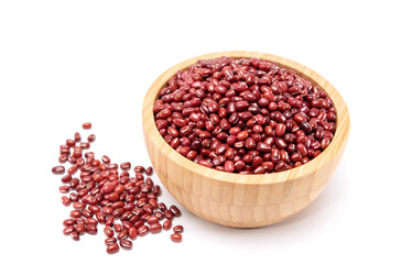 Red beans in woodle bowl isolated on white background. Healthy food concept