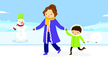 Fototapeta premium Mom and daughter are walking near the snowman in winter